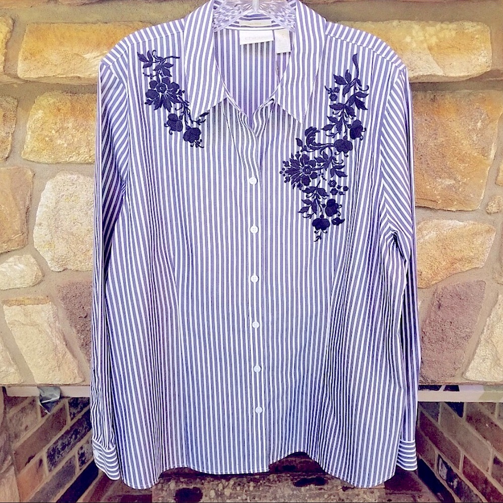Chico’s Lovely Floral Design Embroidery Striped Button Down Long Sleeve Shirt